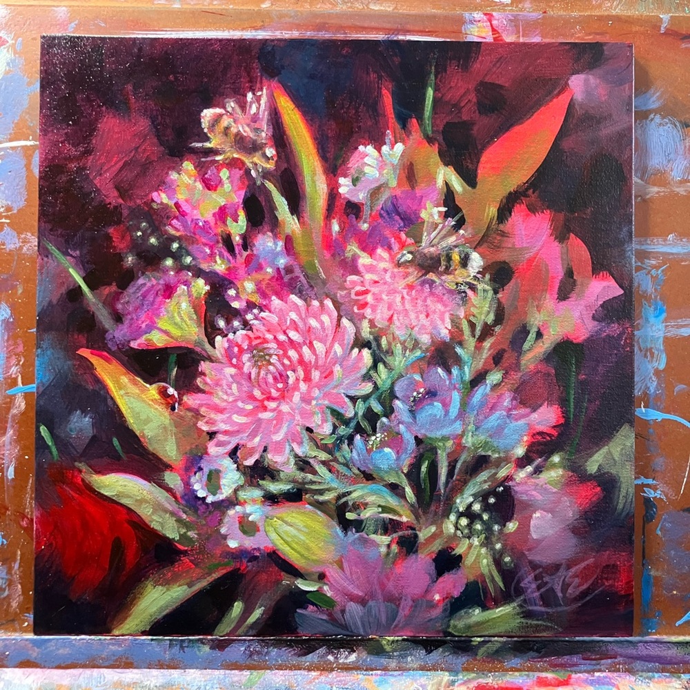 Bumblebee bouquet original painting floral still life surreal nouveau flowers